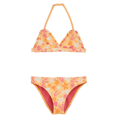 WE Fashion halter bikini met ruches oranje/roze Meisjes Polyester All over print