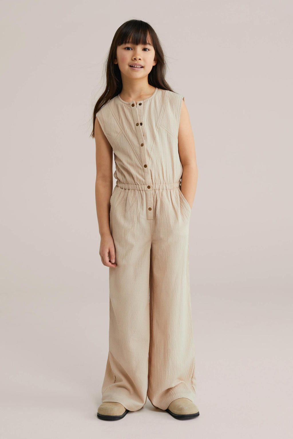 Lichtbruine meisjes WE Fashion Straight jumpsuit van polyester met effen en ronde hals