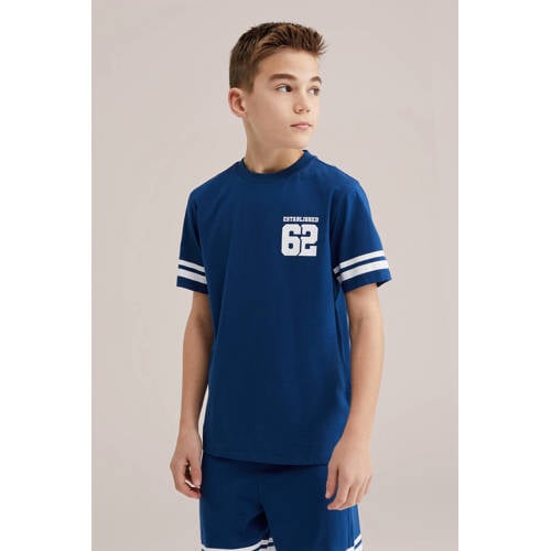 WE Fashion shortama marineblauw Jongens Katoen Ronde hals Meerkleurig
