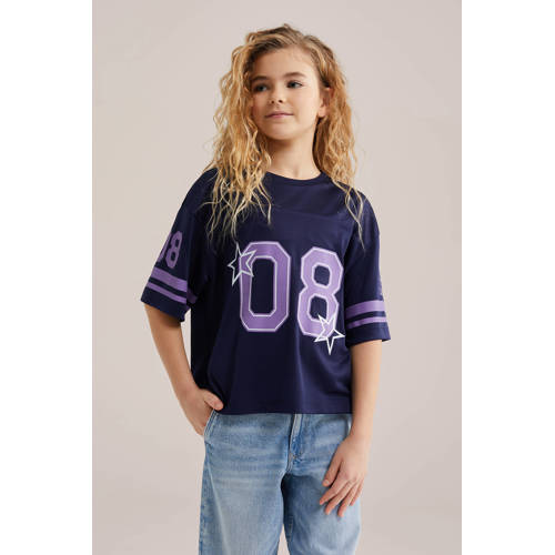 WE Fashion T-shirt donkerblauw Meisjes Polyester Ronde hals Meerkleurig - maat 110/116 afbeelding