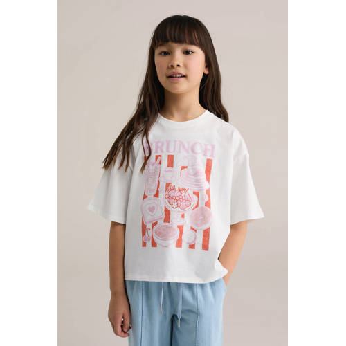 WE Fashion T-shirt wit Meisjes Katoen Ronde hals Printopdruk - maat 110/116 afbeelding