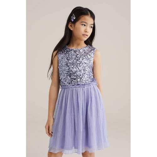 WE Fashion korte jurk met pailletten lila Paars Meisjes Polyester Ronde hals