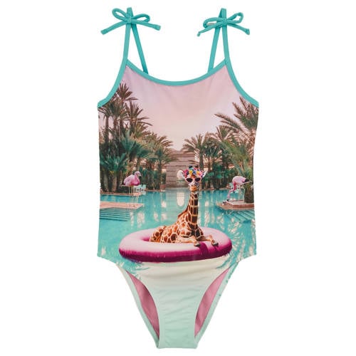 WE Fashion badpak met print aqua Blauw Meisjes Polyester