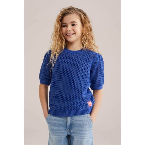 WE Fashion gebreide trui marineblauw Meisjes Katoen Ronde hals Effen - maat 158/164 afbeelding