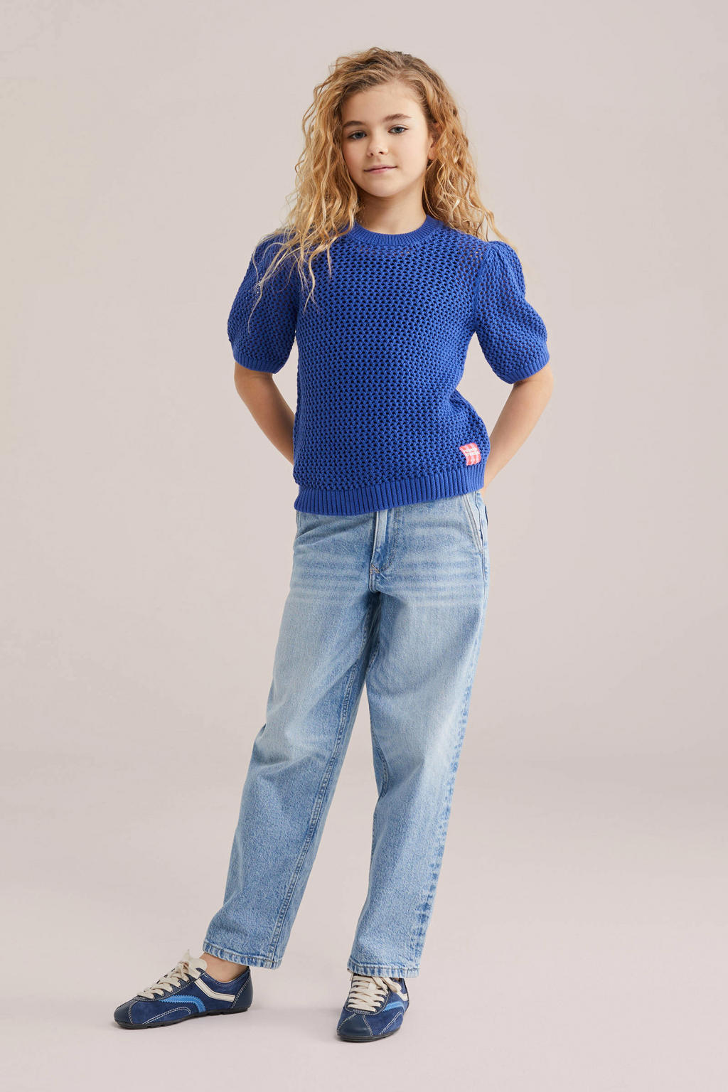 Marineblauw meisjes WE Fashion gebreide trui blauw van katoen met effen, korte mouwen en ronde hals