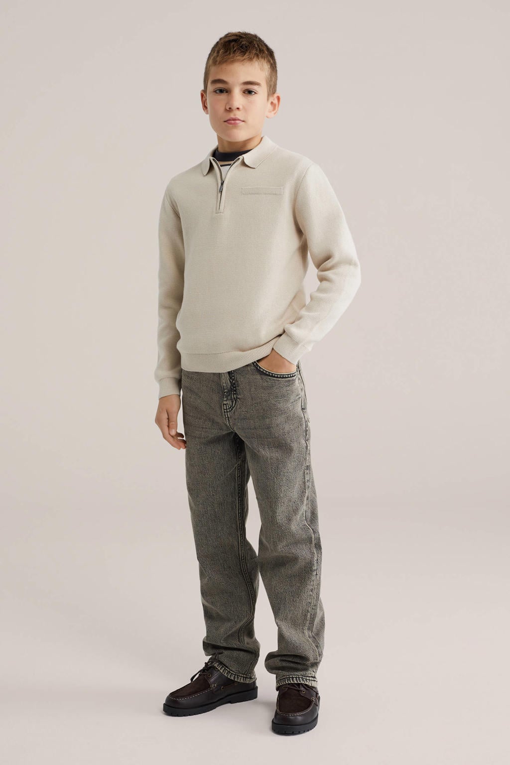 Beige jongens WE Fashion trui fijn gebreid van katoen met effen, lange mouwen en polo kraag