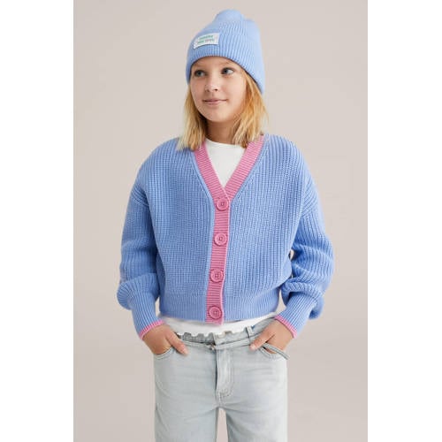 WE Fashion vest blauw rib gebreid Meisjes Katoen V-hals Effen - maat 98/104 afbeelding
