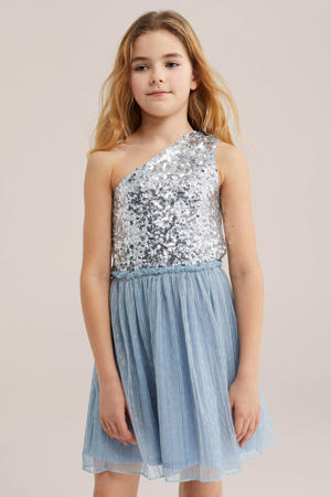 one shoulder jurk met pailletten zilver