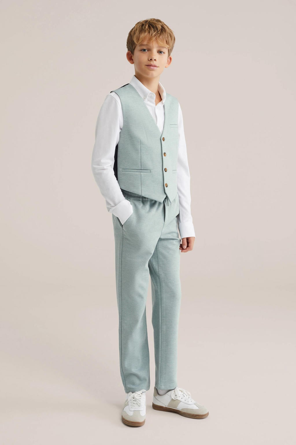 Grijsblauwe jongens WE Fashion gilet blauw van polyester met effen en smokingkraag