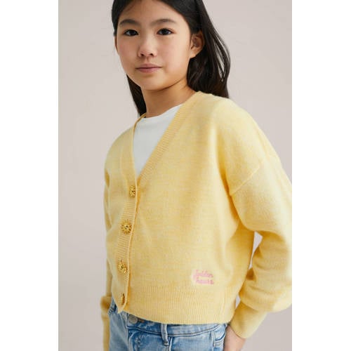 WE Fashion vest lichtgeel fijn gebreid Meisjes Polyester V-hals Effen
