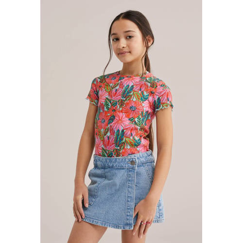 WE Fashion T-shirt roze Meisjes Stretchkatoen Ronde hals All over print - maat 98/104 afbeelding