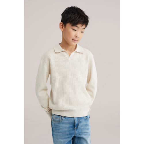 WE Fashion trui beige rib gebreid Jongens Katoen Polokraag Effen
