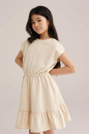 gestreepte korte jurk beige