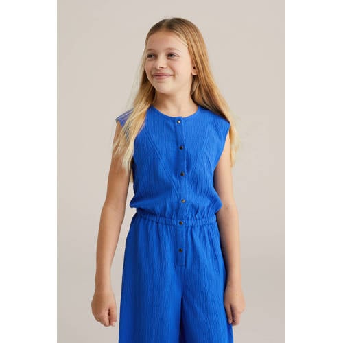 WE Fashion Straight jumpsuit marineblauw Meisjes Polyester Ronde hals Effen