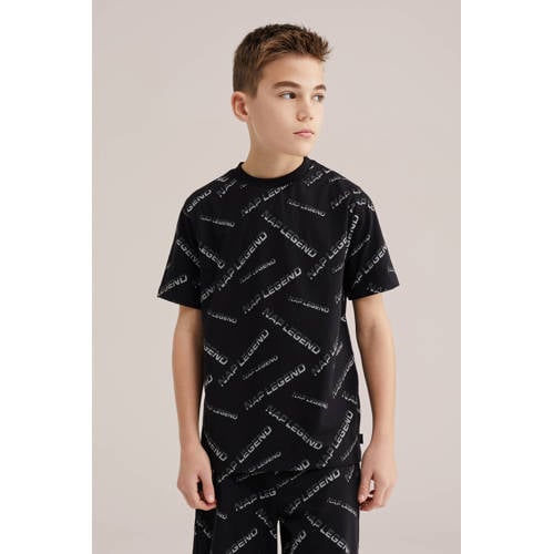 WE Fashion shortama met all over print zwart Jongens Katoen Ronde hals