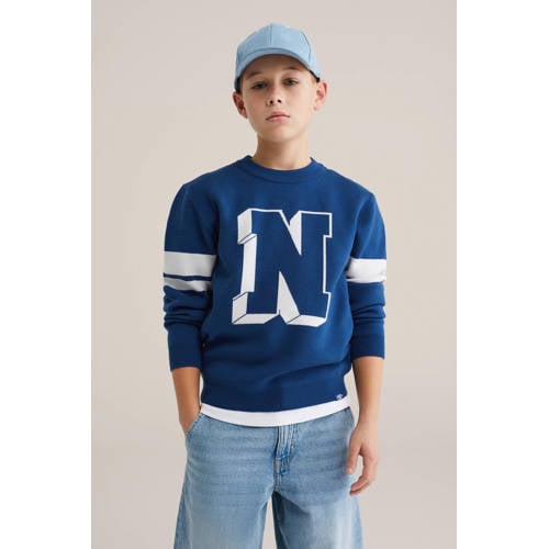 WE Fashion trui blauw fijn gebreid Jongens Sweat Ronde hals Meerkleurig - maat 122/128 afbeelding