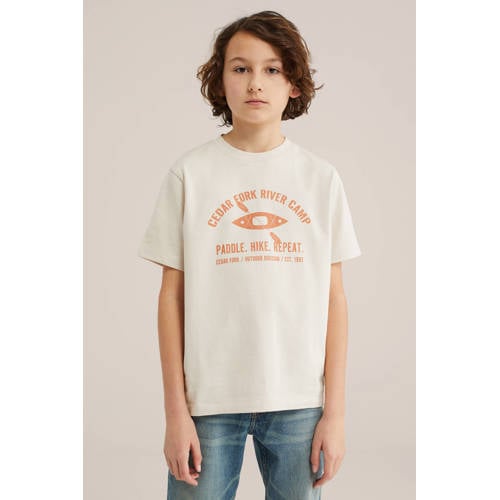 WE Fashion T-shirt beige Jongens Katoen Ronde hals Printopdruk - maat 110/116 afbeelding
