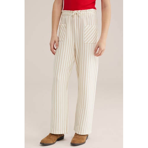 WE Fashion straight gestreepte casual broek zand fijn gebreid Beige Meisjes Katoen - maat 158 afbeelding