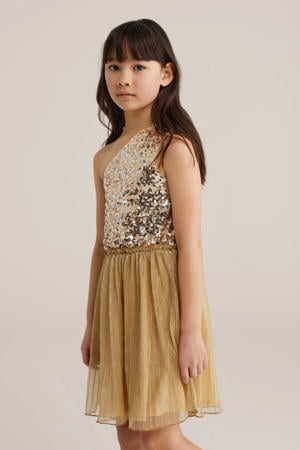 one shoulder jurk met pailletten goud