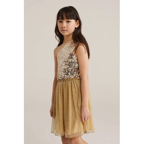 WE Fashion off shoulder jurk met pailletten goud Effen