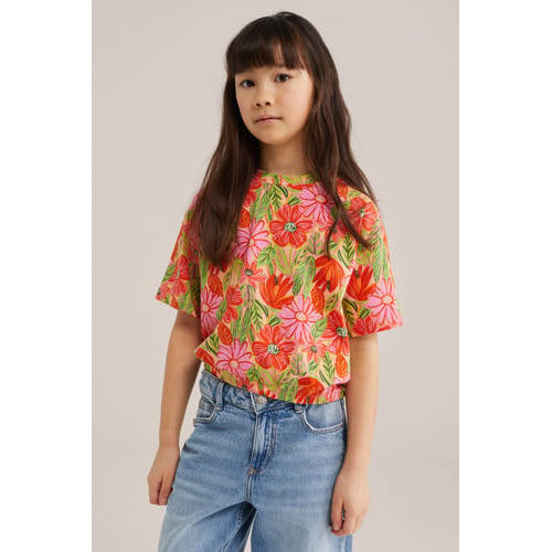 WE Fashion gebloemde T-shirt oranje Meisjes Katoen Ronde hals Bloemen - maat 134/140 afbeelding