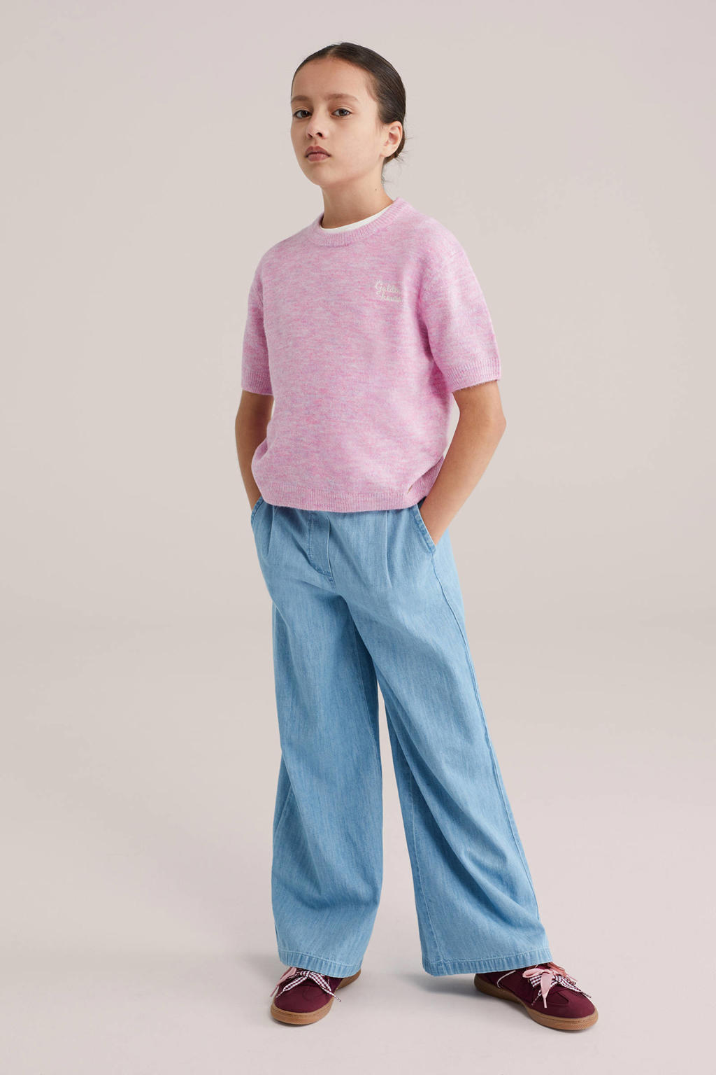 Roze meisjes WE Fashion trui fijn gebreid van polyester met melée print, korte mouwen en ronde hals