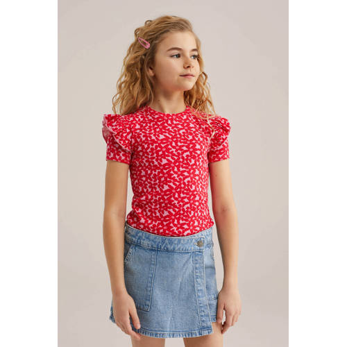 WE Fashion gebloemde T-shirt rood Meisjes Stretchkatoen Ronde hals Bloemen - maat 158/164 afbeelding