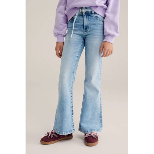 WE Fashion high waist flared jeans light blue denim Blauw Effen - maat 146 afbeelding