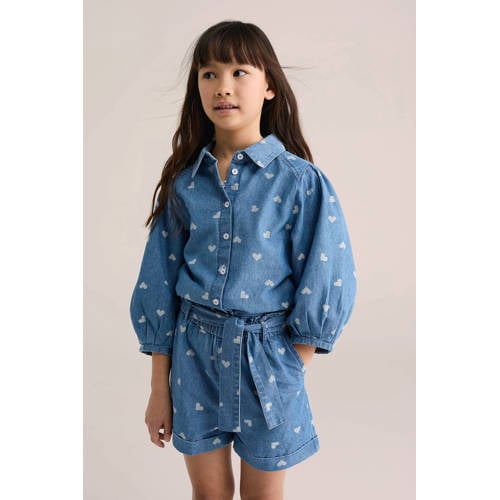 WE Fashion denim blouse met hartjes medium blue denim Meisjes - maat 134/140 afbeelding