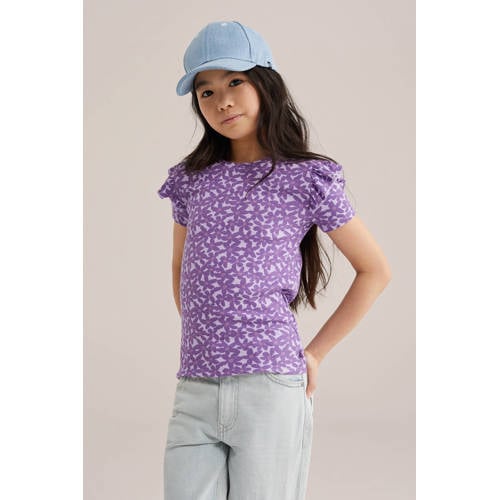 WE Fashion gebloemde T-shirt paars Meisjes Stretchkatoen Ronde hals Bloemen - maat 146/152 afbeelding