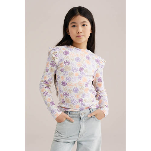 WE Fashion longsleeve rib gebreid ecru Meisjes Stretchkatoen Ronde hals - maat 98/104 afbeelding