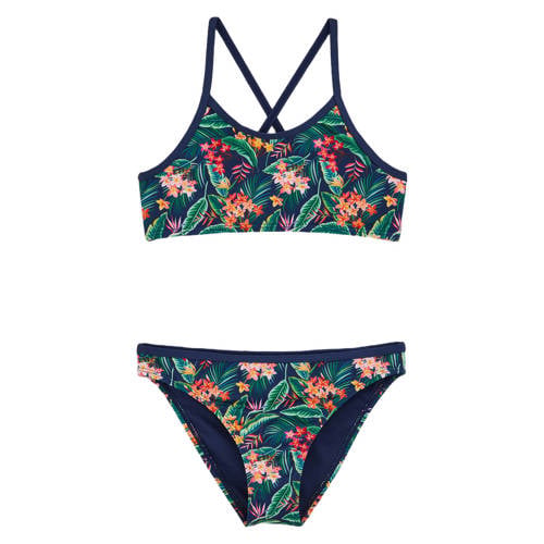 WE Fashion crop bikini donkerblauw/multicolor Meisjes Polyester Bloemen - maat 122/128 afbeelding