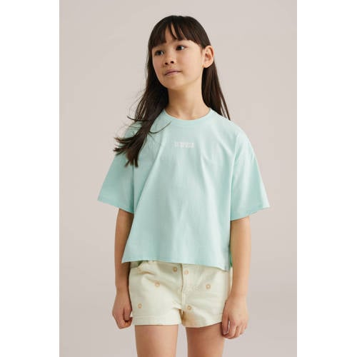 WE Fashion T-shirt mintgroen Meisjes Katoen Ronde hals Tekst - maat 134/140 afbeelding