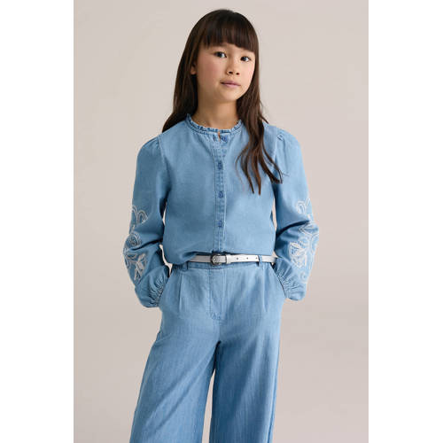 WE Fashion denim gebloemde blouse light blue denim Blauw Bloemen - maat 122/128 afbeelding
