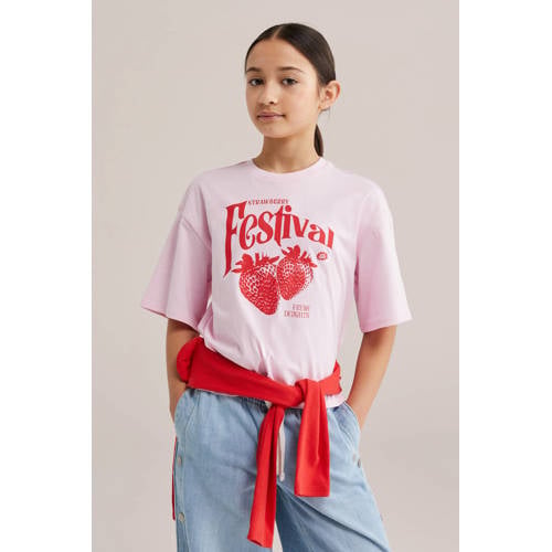 WE Fashion T-shirt roze Meisjes Katoen Ronde hals Printopdruk - maat 98/104 afbeelding