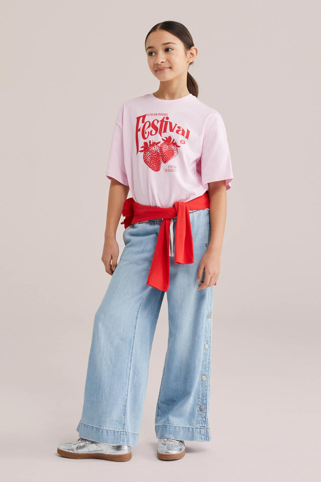 Roze en rode meisjes WE Fashion T-shirt van katoen met printopdruk, korte mouwen en ronde hals