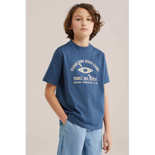 WE Fashion T-shirt donkerblauw Jongens Katoen Ronde hals Printopdruk - maat 158/164 afbeelding