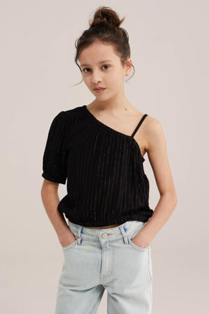 one shoulder top zwart met glitter