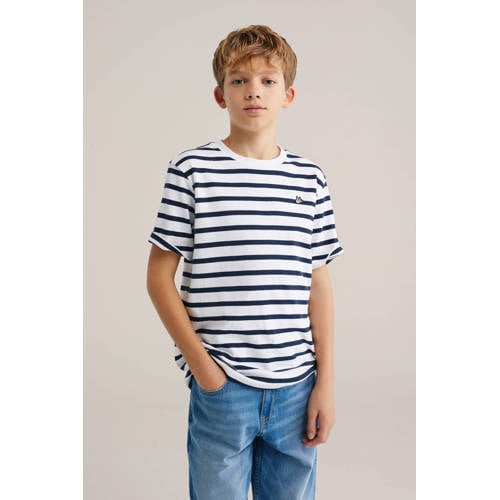WE Fashion gestreepte T-shirt donkerblauw Jongens Katoen Ronde hals Streep - maat 98/104 afbeelding