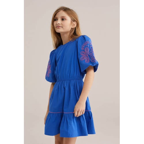 WE Fashion zomerjurk marineblauw Meisjes Katoen Ronde hals Effen