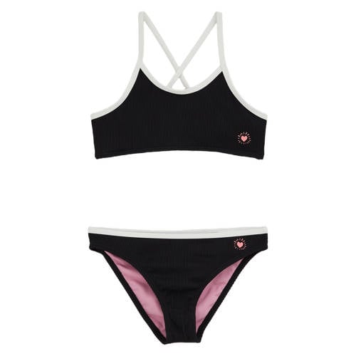 WE Fashion crop bikini met textuur zwart/wit Meisjes Polyamide Effen - maat 158/164 afbeelding