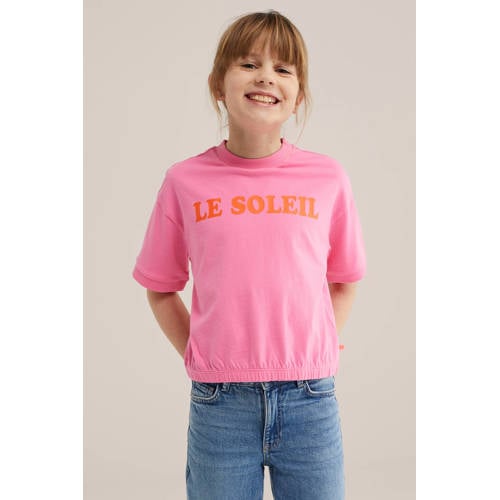 WE Fashion T-shirt roze Meisjes Katoen Ronde hals Tekst - maat 122/128 afbeelding