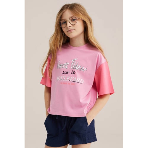 WE Fashion T-shirt roze Meisjes Katoen Ronde hals Meerkleurig - maat 158/164 afbeelding