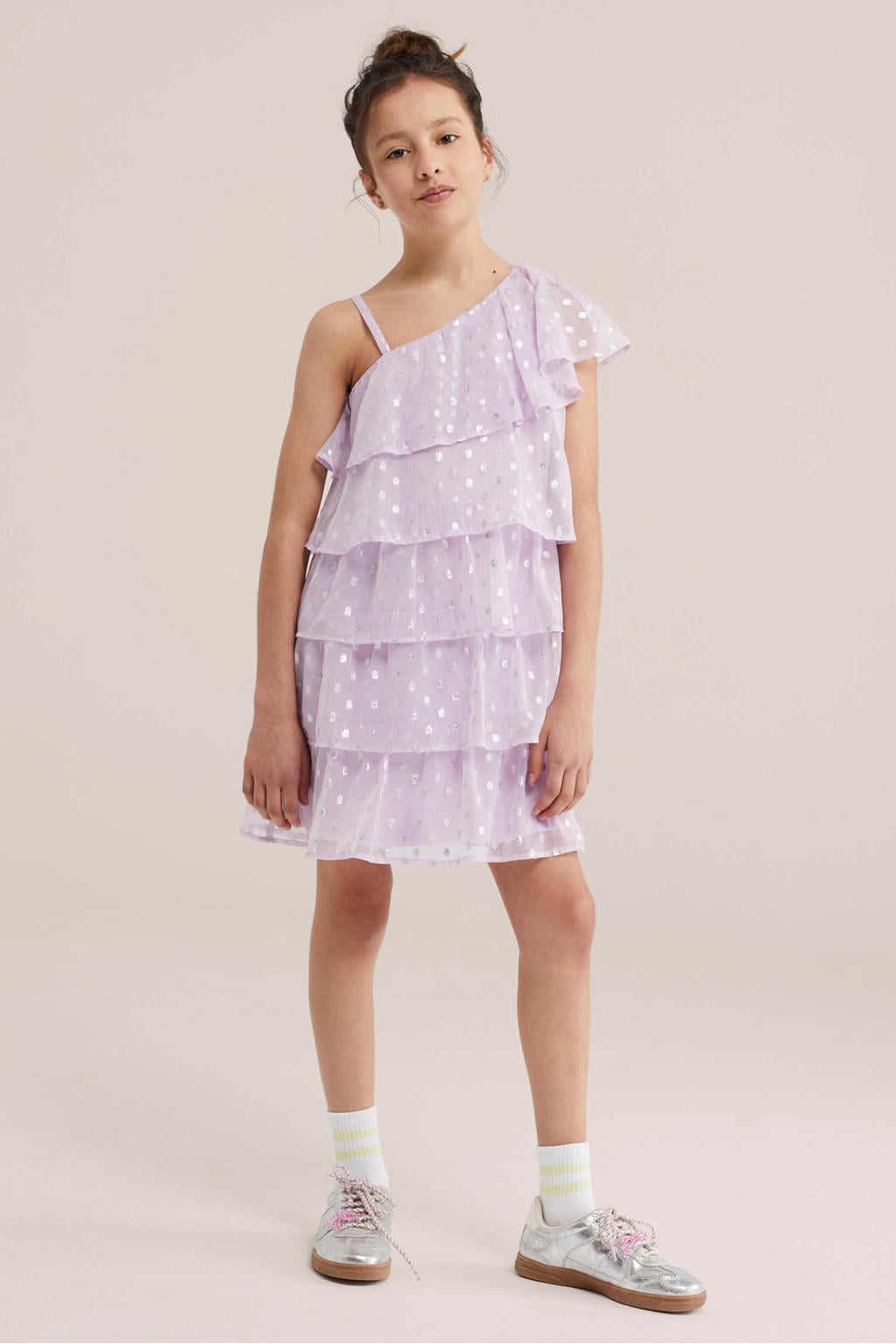 Lilakleurige meisjes WE Fashion one shoulder jurk van polyester met effen, korte mouwen en glimmend detail