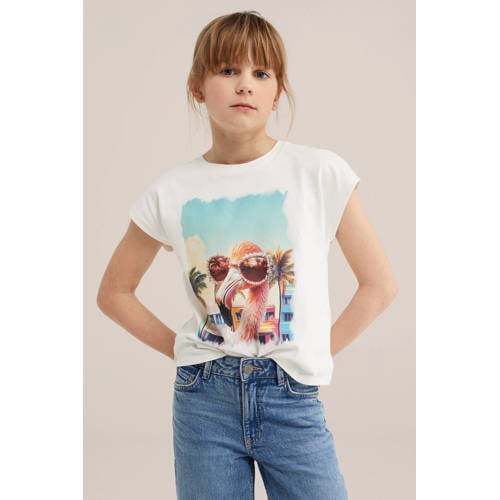 WE Fashion T-shirt wit Meisjes Katoen Ronde hals Printopdruk - maat 122/128 afbeelding