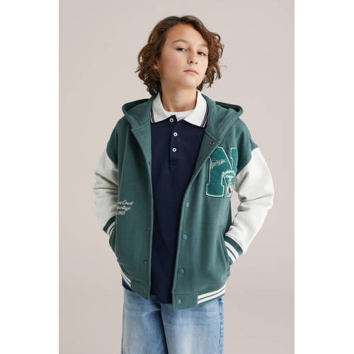 WE Fashion baseballvest groen/wit Jongens Sweat Capuchon Backprint - maat 146/152 afbeelding