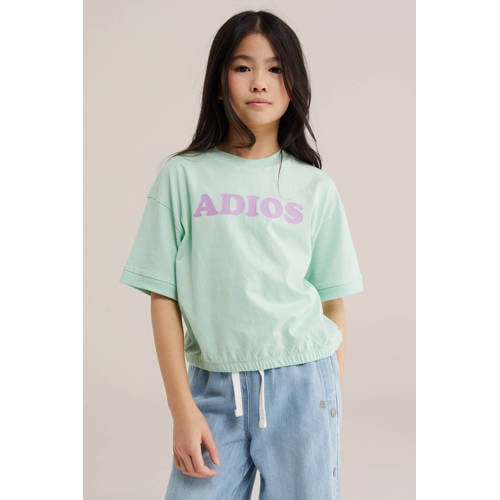 WE Fashion T-shirt mintgroen Meisjes Katoen Ronde hals Tekst - maat 134/140 afbeelding
