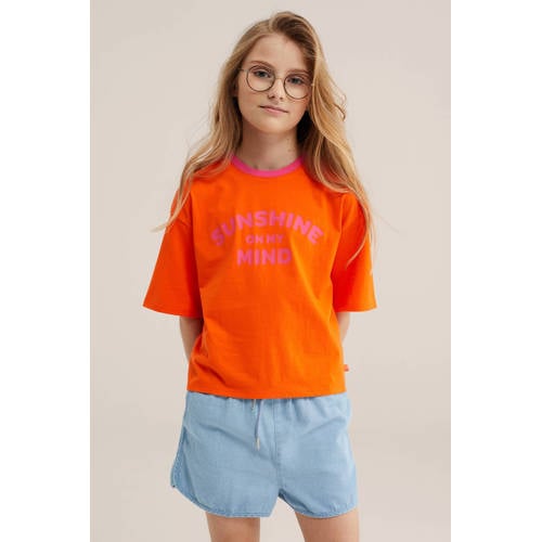 WE Fashion T-shirt oranje Meisjes Katoen Ronde hals Tekst - maat 146/152 afbeelding