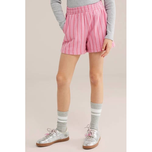 WE Fashion straight gestreepte casual short roze met textuur Korte broek Meisjes Stretchkatoen - maat 98/104 afbeelding