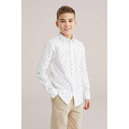 WE Fashion overhemd wit Jongens Stretchkatoen Klassieke kraag All over print - maat 98/104 afbeelding